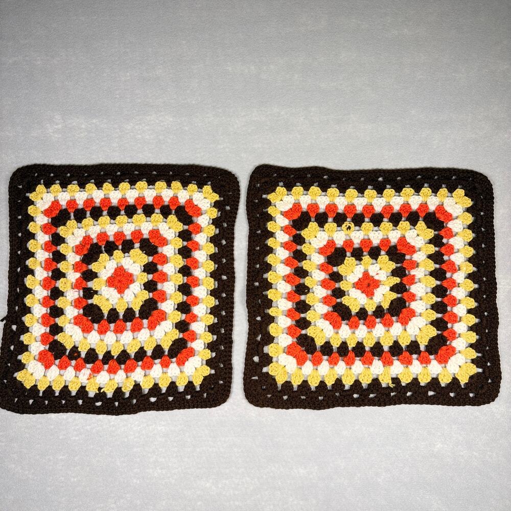 vintage Crocheted granny squares - extra large brown orange knit 15 x 16